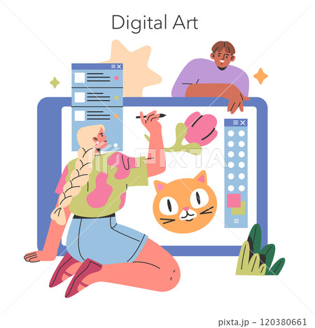 Gen Z Digital Art concept. Young creatives engaging with modern technology to craft vibrant illustrations. Artist lifestyle in the digital era. Vector illustration. Gen Z Digital Art concept. Young creatives engaging with modern technology to craft vibrant illustrations. Artist lifestyle in the digital era. Vector illustration. 120380661