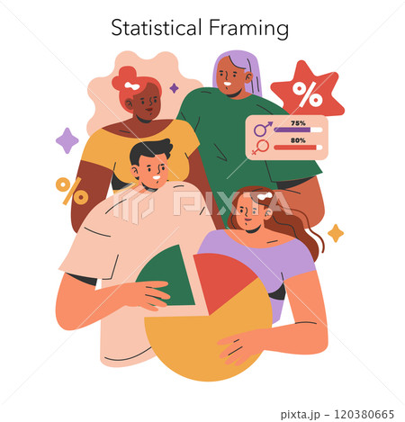 Cognitive Framing concept. Diverse group analyzing data and trends through statistical graphics. Interpretation of information using pie charts. Vector illustration. 120380665