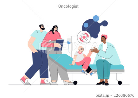 Oncologist concept. Compassionate cancer care for a young patient with medical staff and family support. Gentle interaction in clinical setting. Vector illustration. Oncologist concept. Compassionate cancer care for a young patient with medical staff and family support. Gentle interaction in clinical setting. Vector illustration. 120380676