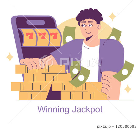 iGaming concept. A delighted person winning a jackpot at a slot machine, surrounded by cash and coins. Online casino success and fortune theme. Vector illustration. 120380685