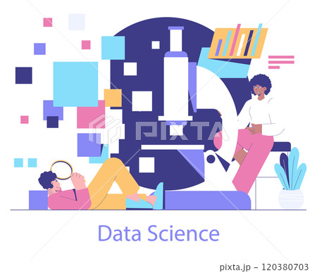 Data Science concept. Researchers analyze statistical information using modern technology. Analysis, exploration, and visualization of data. Vector illustration. Data Science concept. Researchers analyze statistical information using modern technology. Analysis, exploration, and visualization of data. Vector illustration. 120380703