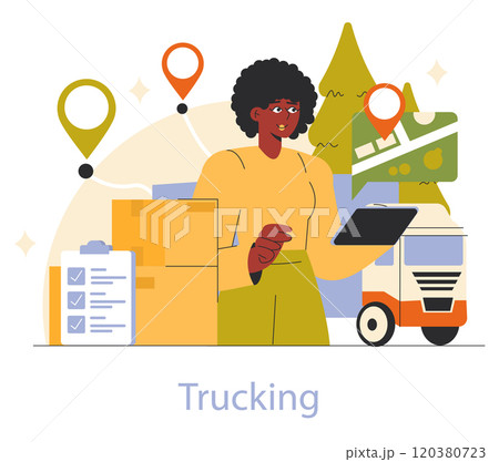 Logistics management concept. A professional logistician organizes delivery, oversees shipping routes, and checks inventory. Vector illustration. 120380723