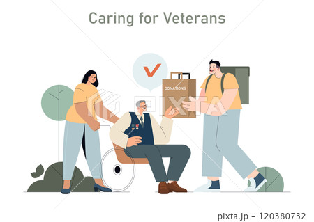 Salute to the Veteran concept. A heartfelt scene of community giving back to a veteran with donations, conveying gratitude and respect. Vector illustration. 120380732