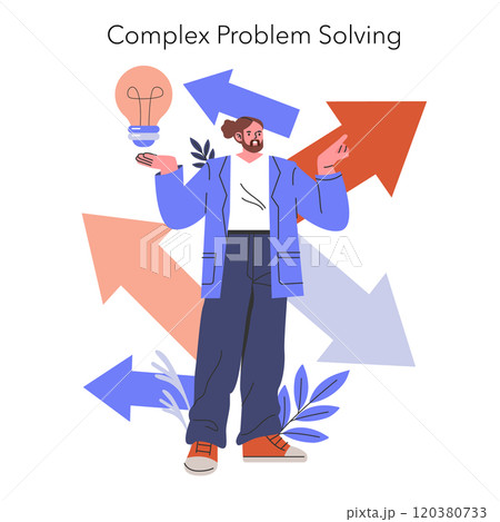 Complex Problem Solving concept. Illustration of a person weighing options with arrows and a light bulb idea. Critical thinking and decision-making process. Vector illustration. 120380733