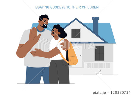 Family Farewell concept. Parents waving goodbye, a moment of love and separation at a household backdrop. Emotive goodbye, family bond. Vector illustration. 120380734