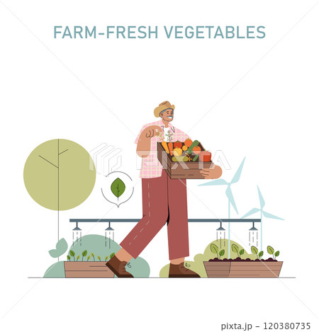 World Vegan Day concept. Illustration of a farmer carrying a crate full of fresh produce with wind turbines in the background. Eco-friendly agriculture theme. Vector illustration. 120380735