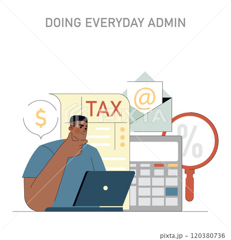 Builder's daily routine concept. A man manages construction project finances on a laptop with tax documents and email. Efficient work organization. Vector illustration. 120380736