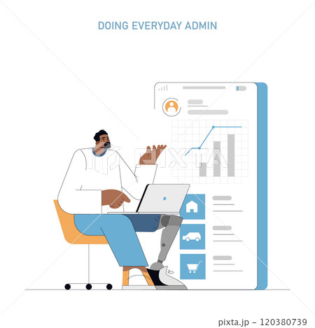 Office worker concept. A man multitasks with admin duties, managing charts and reports on a computer. Daily business operation and analytics monitoring. Vector illustration. 120380739