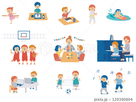習い事をする子供たちのイラストセット 習い事をする子供たちのイラストセット 120380804