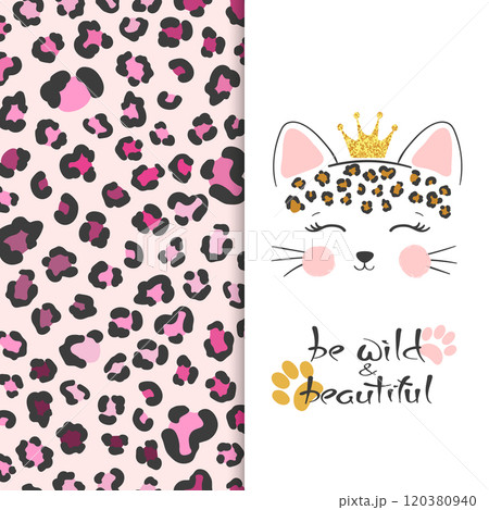 Little cute leopard head vector illustration with leopard print 120380940