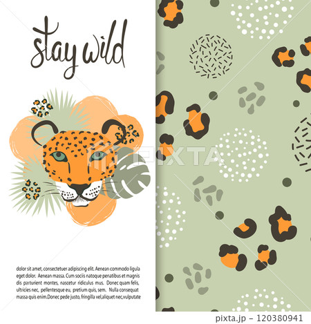 Cute leopard with tropical leaves. Stay wild lettering. Animal pattern 120380941