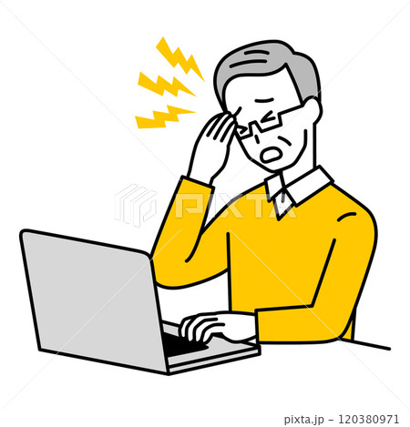 ノートパソコンの仕事中に頭痛がつらい年配の男性 120380971