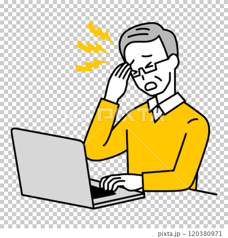 ノートパソコンの仕事中に頭痛がつらい年配の男性 120380971