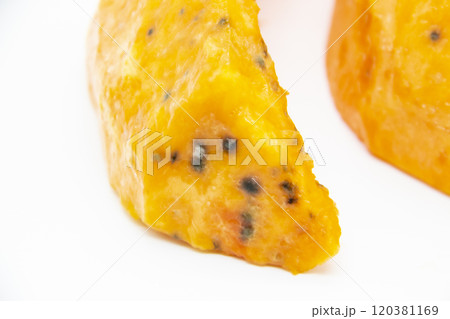 A Rotten pieces of pumpkin. Rotten vegetable and spoiled food. A product that has been affected by mold isolated on the white background. 120381169
