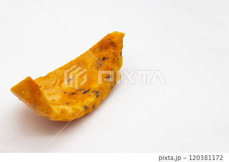 A Rotten piece of pumpkin. Rotten vegetable and spoiled food. A product that has been affected by mold isolated on the white background. A Rotten piece of pumpkin. Rotten vegetable and spoiled food. A product that has been affected by mold isolated on the white background. 120381172