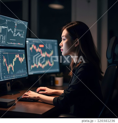 暗号通貨のトレーディングルームで一生懸命に暗号通貨のトレーディングをするトレーダー 120381236