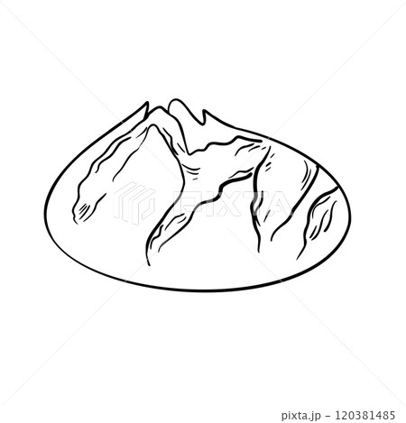 Rustic rye round bread black white vector illustration isolated. Sourdough rye boule bread hand drawn by ink monochrome sketch. Pumpernickel bread side view for bakeshop, packaging paper, bakery. 120381485