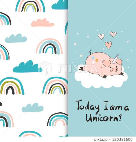 Cute cartoon pig unicorn on the cloud and rainbow pattern for kids design Cute cartoon pig unicorn on the cloud and rainbow pattern for kids design 120381600