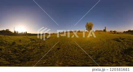 Spherical HDRi panorama of green meadow with short grazed sward grass at summer dusk 120381681