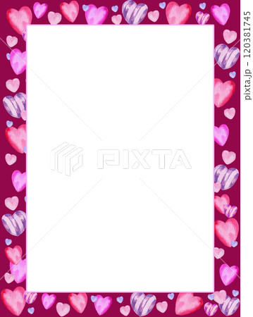 vertical white frame with heart to Valentine day, watercolor hand draw illustration of pink and lilac different hearts on purple background, for Valentine party decoration, cards, invitation 120381745