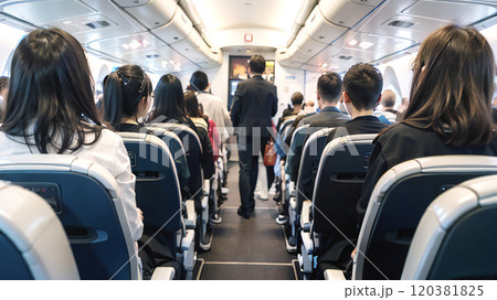 飛行機の機内で歩く男性の後姿,generative ai_ワイド 120381825