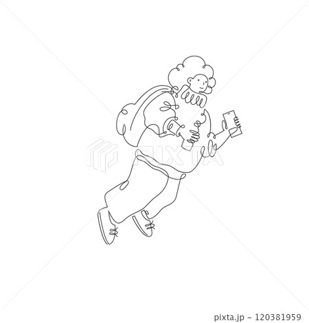 Young woman with backpack, water bottle and phone isolated on white background 120381959