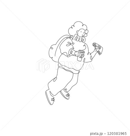 Traveler character, woman with backpack and sandwich isolated on white background Traveler character, woman with backpack and sandwich isolated on white background 120381965