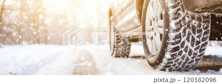 Close up of car tire on snowy road with sunlight, background 120382096