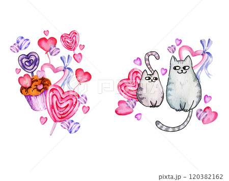 set of watercolor compositions of Valentines Day's theme with cute cats, different pink hearts, sweets, lollipops, candies, muffins and ribbons with bow, hand drawn illustration for party and event 120382162