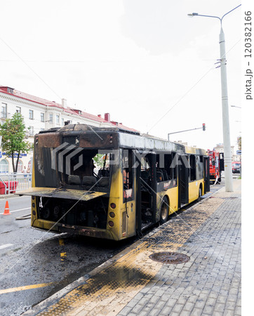 Charred of a bus after a fire Charred of a bus after a fire 120382166