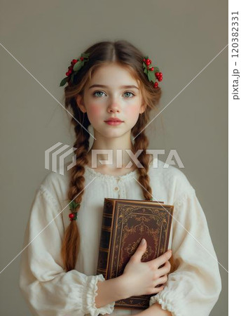 Little girl with a book in her hands. 120382331