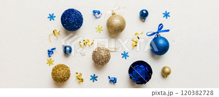 Christmas ball on colored background. decoration bauble with ribbon bow with copy space 120382728