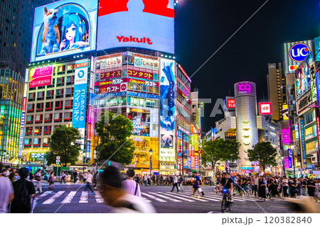 日本の東京都市景観 自転車数台が…。インバウンド復活…夜も外国人観光客らで賑わう渋谷＝11日、20時 120382840