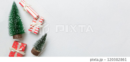 New Year composition. Christmas decor background with gift boxes. Top view with copy space 120382861