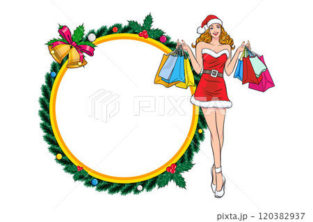 merry christmas santa snowman reindeer elf with Christmas girl in red dress in pop art comic style 120382937