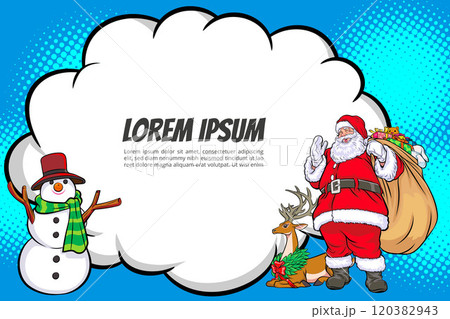 merry christmas santa snowman reindeer elf with Christmas girl in red dress in pop art comic style merry christmas santa snowman reindeer elf with Christmas girl in red dress in pop art comic style 120382943