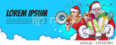 merry christmas santa snowman reindeer elf with Christmas girl in red dress in pop art comic style merry christmas santa snowman reindeer elf with Christmas girl in red dress in pop art comic style 120382962