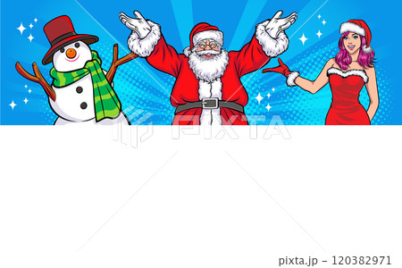 merry christmas santa snowman reindeer elf with Christmas girl in red dress in pop art comic style 120382971
