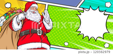 merry christmas santa snowman reindeer elf with Christmas girl in red dress in pop art comic style merry christmas santa snowman reindeer elf with Christmas girl in red dress in pop art comic style 120382979