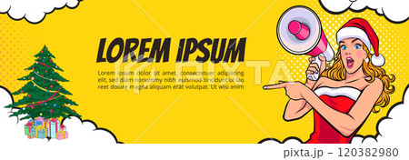 merry christmas santa snowman reindeer elf with Christmas girl in red dress in pop art comic style 120382980