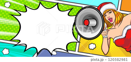 merry christmas santa snowman reindeer elf with Christmas girl in red dress in pop art comic style 120382981