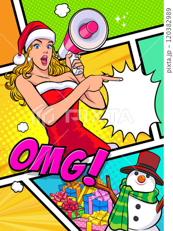 merry christmas santa snowman reindeer elf with Christmas girl in red dress in pop art comic style merry christmas santa snowman reindeer elf with Christmas girl in red dress in pop art comic style 120382989