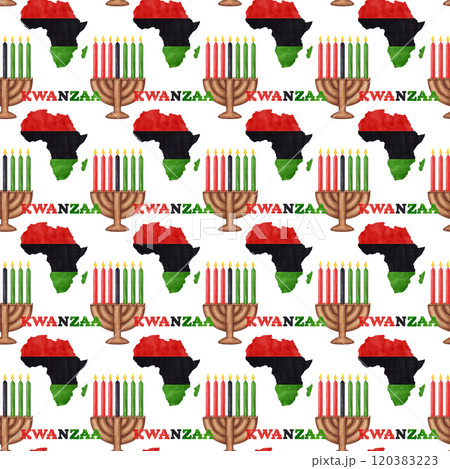 Kwanzaa seamless pattern in traditional Pan African colors - red, green, black. Kinara, seven burning candles, map. Juneteenth. Independence Day. Hand drawn watercolor illustration background 120383223