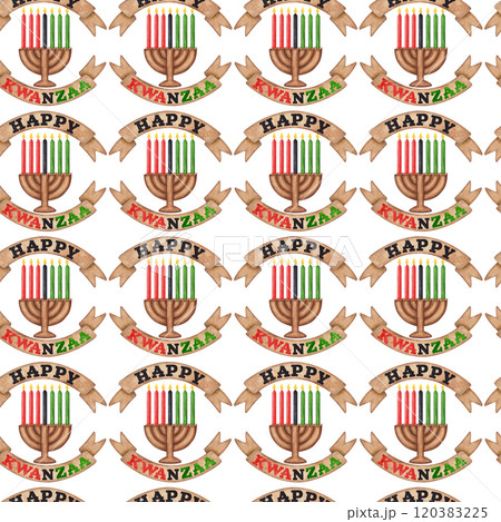 Kwanzaa seamless pattern in traditional Pan African colors - red, green, black. Kinara, seven burning candles. Juneteenth. Freedom Day. Hand drawn watercolor illustration isolated background. 120383225