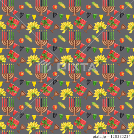 Kwanzaa seamless pattern. African-American holiday. Kinara, seven burning candles, red black green, cup, gift, harvest vegetables. Hand drawn watercolor illustration background. For textile, packaging Kwanzaa seamless pattern. African-American holiday. Kinara, seven burning candles, red black green, cup, gift, harvest vegetables. Hand drawn watercolor illustration background. For textile, packaging 120383234