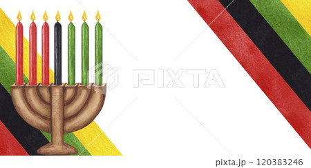 Kwanzaa banner. Kinara, seven burning candles, red black green. Black History Month. African-American holiday. Hand drawn watercolor illustration isolated background. For Web site, flyers, invitations Kwanzaa banner. Kinara, seven burning candles, red black green. Black History Month. African-American holiday. Hand drawn watercolor illustration isolated background. For Web site, flyers, invitations 120383246
