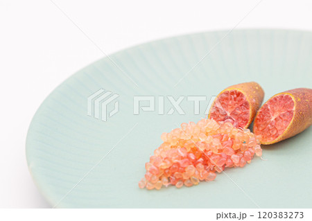 青い皿に盛り付けられているフィンガーライム　フィンガーライムの断面と果肉の粒 120383273