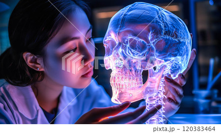 A scientist analyzes the hologram of a human skull. The concept of advanced technology in medical research, emphasizing innovation in anatomy studies and scientific discovery. Generative AI. 120383464