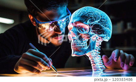 A scientist analyzes the hologram of a human skull. The concept of advanced technology in medical research, emphasizing innovation in anatomy studies and scientific discovery. Generative AI. 120383486
