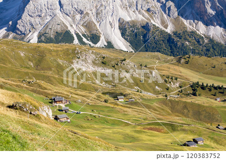Seceda autumn valley landscape, Val Gardena, Italy Seceda autumn valley landscape, Val Gardena, Italy 120383752